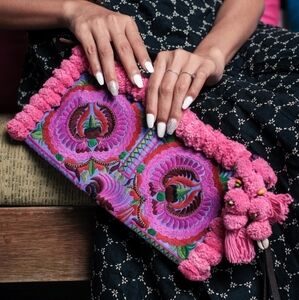 🔥LAST ONE🔥 FAIR TRADE BOHO POMPOM CLUTCH WRISTLET